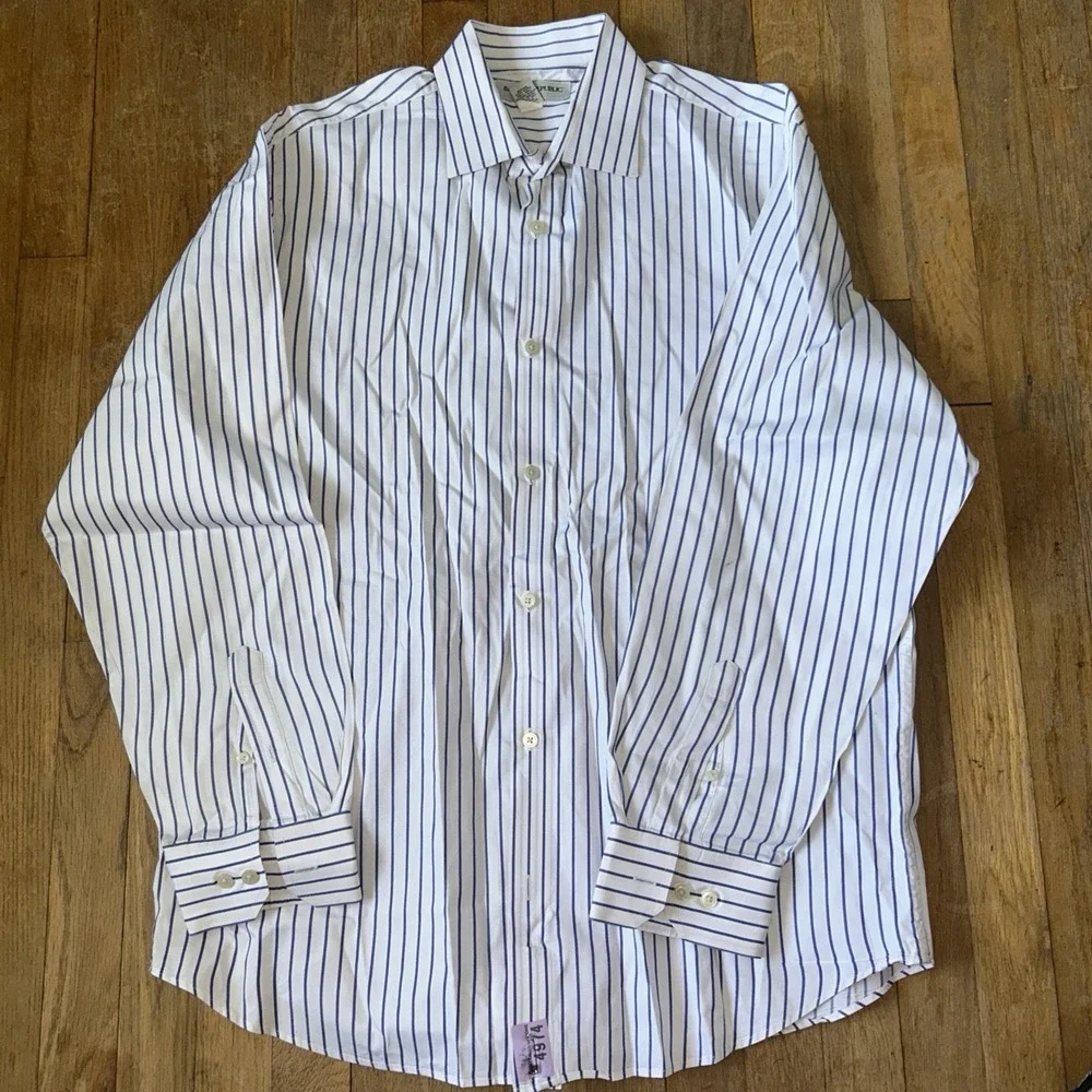Banana Republic Men Blue White Stripe Cotton Dress Shirt Size L 16-16.5 Long Slv